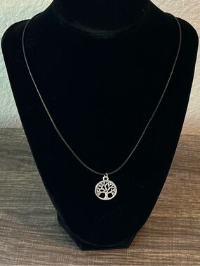 Silver Tree of Life Pendant Necklace in Black Cord